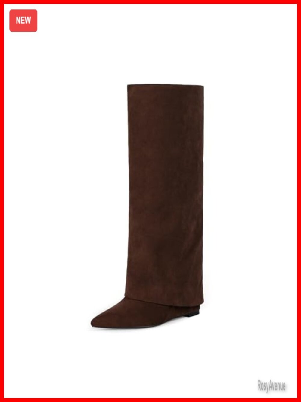 Faux Suede Fold Over Knee High Boots Pointed Toe Wedge Heel Wide Calf